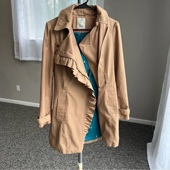 Anthropologie Elevenses Beige Ruffle Trench Coat - Picture 3 of 12